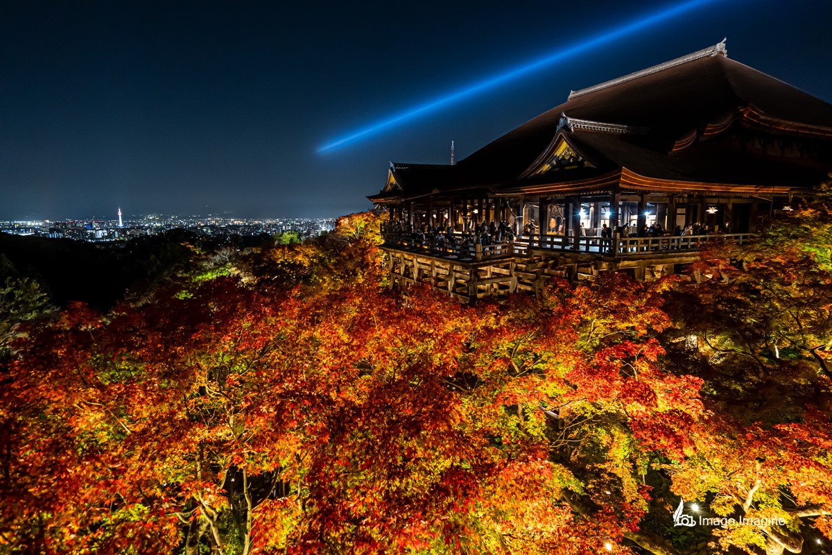 夜に清水寺で紅葉のライトアップを撮影した写真。写真に右側にはライトアップされた清水の舞台が、写真手前にはライトアップされた紅葉の木々が写っている。