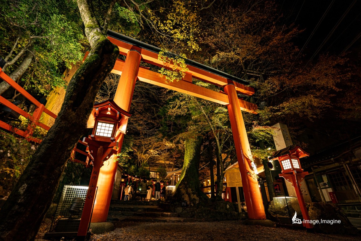 夜にライトアップされた貴船神社の鳥居を撮影した写真。