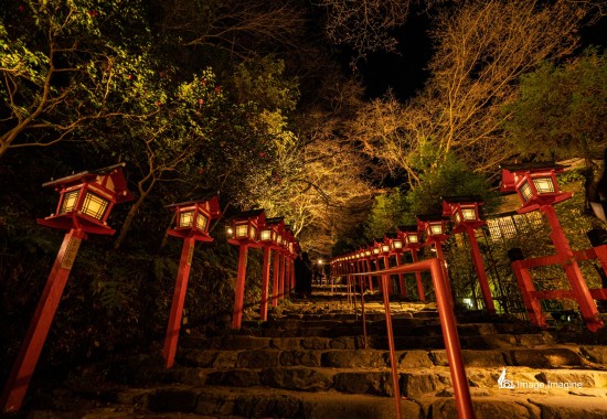 夜にライトアップされた貴船神社の本殿に繋がる階段を足元から上空にかけて撮影した写真。